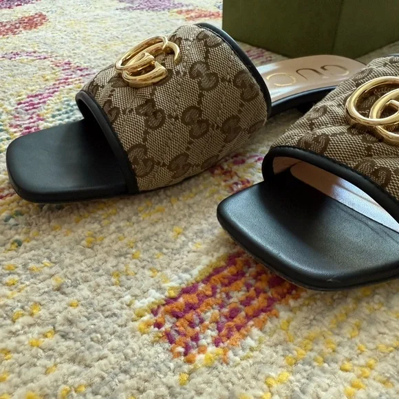 Gucci Women's Tan GG Logo Mules with Gold Accent - Picture 5 of 13